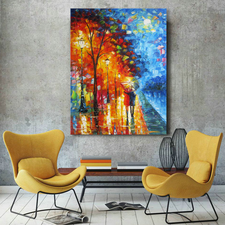 Wall Art Romantic Oil Painting "lovers walk on the side of the lake" - Click Image to Close